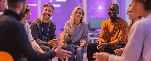Grupo de personas conversando en inglés en una sala de reunión